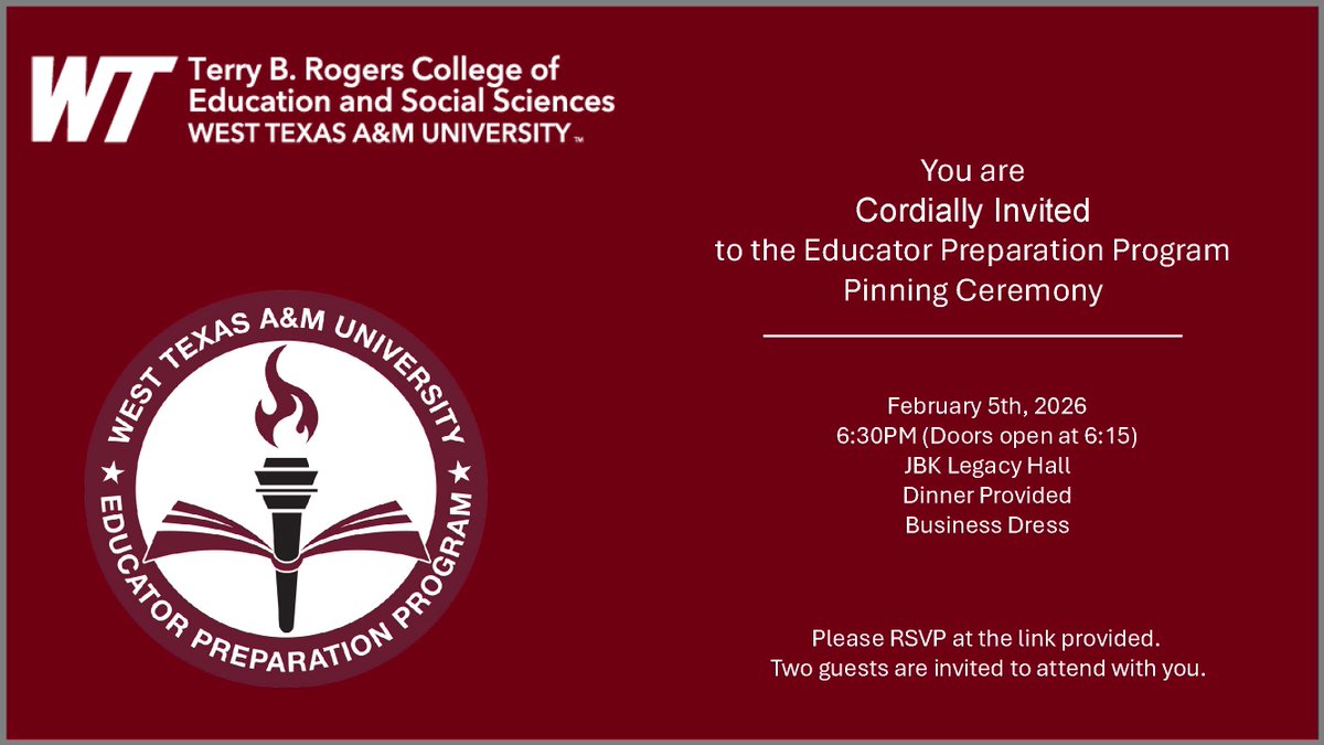 We invite you to join us for the Spring 2026 EPP Pinning Ceremony at West Texas A&amp;M University. Please RSVP by Jan. 23, 2026:
 wtamuuw.az1.qualtrics.com/jfe/form/SV_8q…