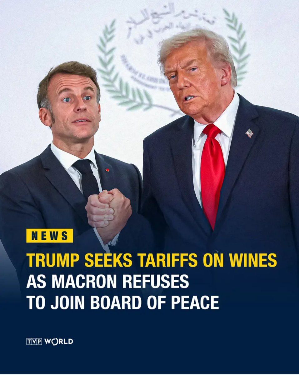 SanatanPrabhat's tweet image. 🇺🇸  Peace Talks with a Price Tag

US President Donald Trump threatens a 200% tariff on French wine &amp;amp; Champagne after Emmanuel Macron refuses to join his so-called “Board of Peace” on Gaza.

Peace talks by pressure. 🍾➡️💣

Is this diplomacy or coercion?

#Geopolitics #TariffWar