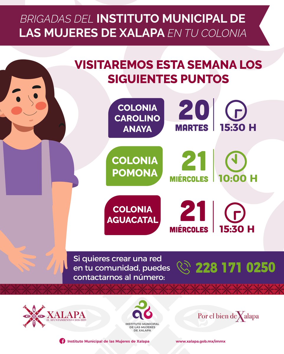💜 Brigadas en tu Colonia | Seguimos en territorio
Damos continuidad a #BrigadasEnTuColonia del IMMX para escuchar, acompañar y fortalecer a las mujeres en sus comunidades.
Esta semana estaremos en 3 colonias.
📍 Consulta fechas y sedes en la imagen.
✨ Te esperamos.