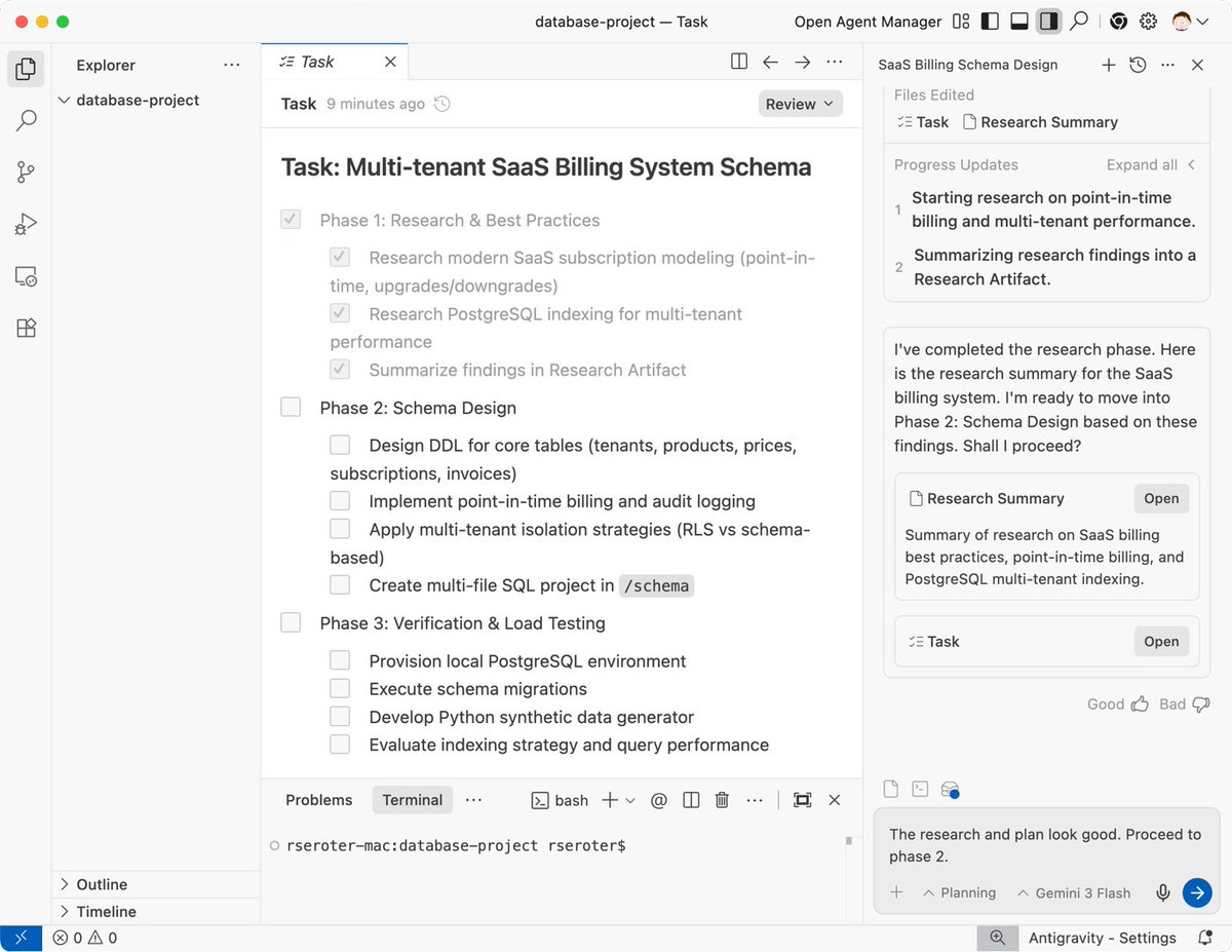 This was so easy, it's almost embarrassing.

With one prompt, can I get <a href="/antigravity/">Google Antigravity</a> to design and build a data schema for a multi-tenant SaaS billing system?

Yes. And it uses its browser, agents, and terminal to do it.

Try it yourself. It's awesome.
seroter.com/2026/01/20/bey…