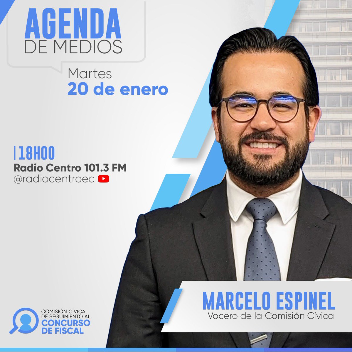 #AgendaDeMedios
Compartimos la agenda de medios de <a href="/marceloespinel/">Marcelo Espinel Vallejo ∴</a>, vocero de la Comisión Cívica de Seguimiento al Concurso de Fiscal.
