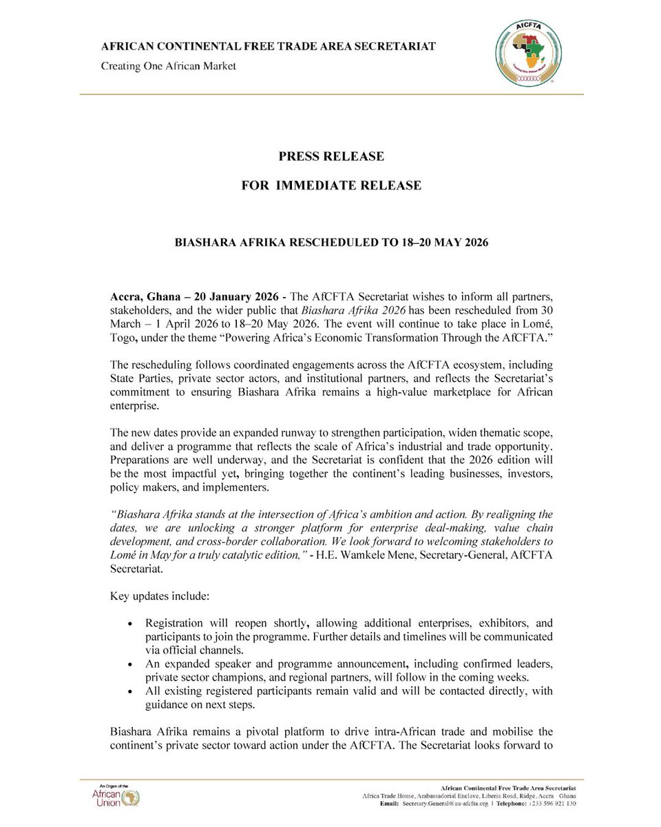 AfCFTA's tweet photo. Press Release | Biashara Afrika Rescheduled https://t.co/XkIKSjgReI