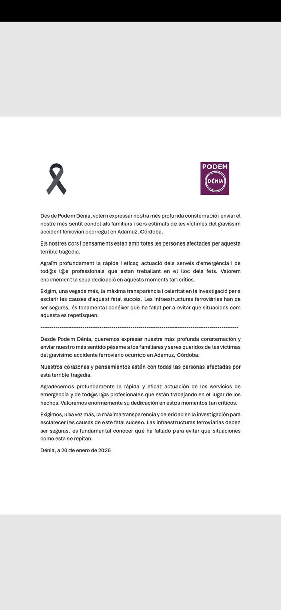 Nuestro más sentido pésame a los familiares de l@s fallecid@s así como desear una pronta recuperación a tod@s los herid@s.
Toca esperar a que las investigaciones estén concluidas así como reseñar  la importancia que tiene dar voz, en las mismas, a trabajadores y sindicatos.