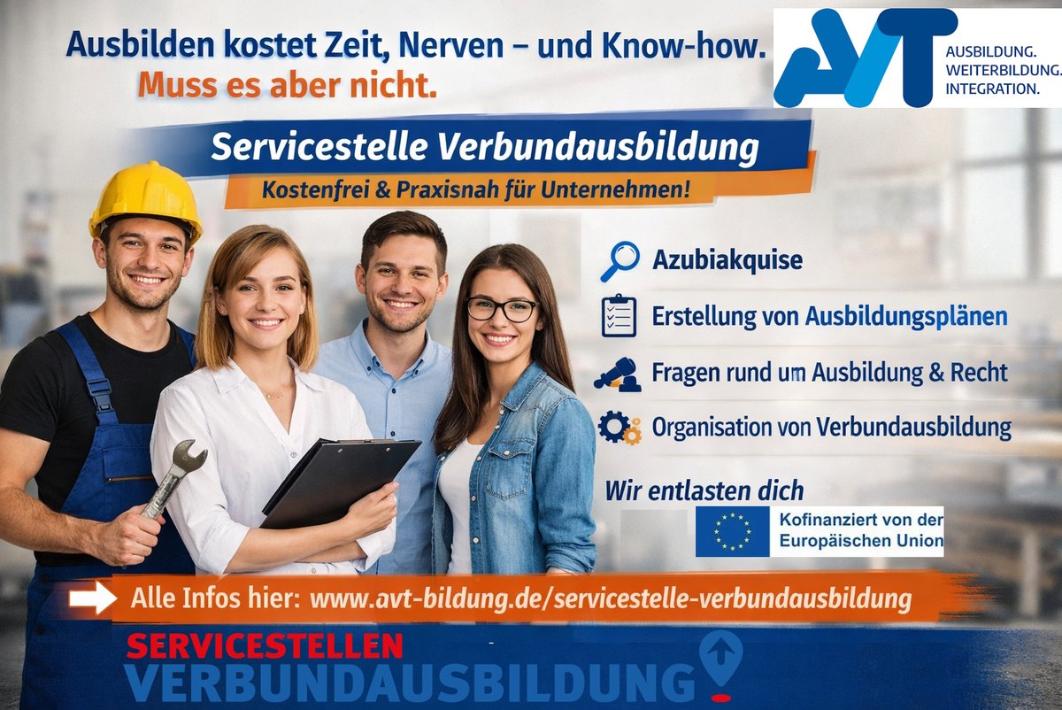 Du bist ein regionales Unternehmen und willst ausbilden oder besser ausbilden?

Unsere Servicestelle Verbundausbildung unterstützt kostenfrei und praxisnah!

Kurz gesagt: Wir entlasten dich – damit Ausbildung funktioniert.

👉 Alle Infos kompakt hier:
avt-bildung.de/servicestelle-…