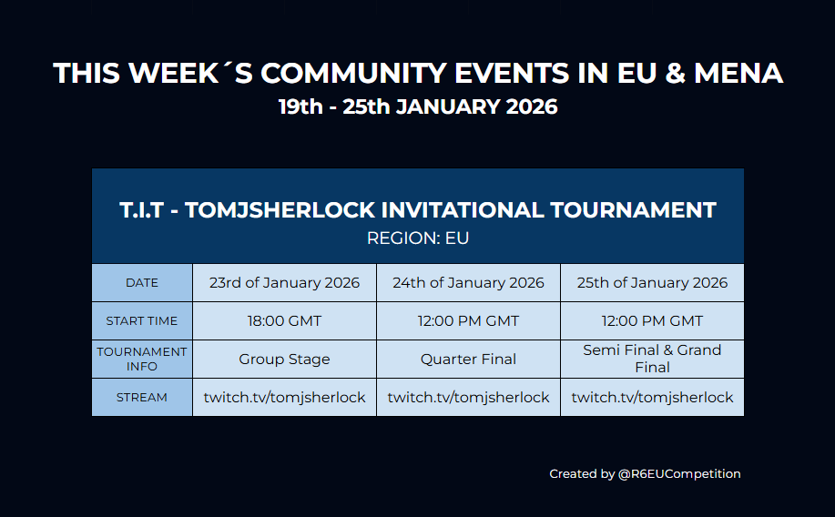 R6EUCompetition's tweet image. This week's upcoming community events in EU &amp;amp; MENA

🗓️19th - 25th January 2026
Sign-up Form: shorturl.at/TnVEg