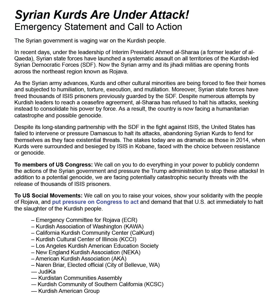 Kurdish Cultural Center of Illinois collaborated with Kurdish communities across the United States to issue a joint statement on Western Kurdistan/Rojava.