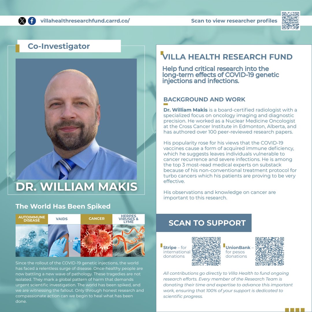 MarivicVillaMD5's tweet image. Dr. William Makis is a board-certified radiologist with a specialized focus on oncology imaging and diagnostic precision. He worked as a Nuclear Medicine Oncologist at the Cross Cancer Institute in Edmonton, Alberta, and has authored over 100 peer-reviewed research papers. His…