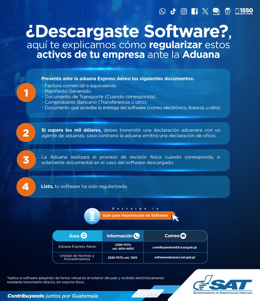 SATGT's tweet photo. 🖥 ¿Has adquirido #Software en el exterior recientemente❓️

📲 Descarga la guía para #importación y conoce cómo regularizar tus activos ante la 🛃#Aduana 

🌐 https://t.co/6HhTEVaLPF https://t.co/ybpcx86wWL