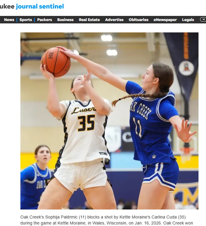 SofijaPaldrmic7's tweet photo. Picked up a win Friday against a talented Kettle Moraine squad. We played great with multiple starters scoring 10 pts. I led my team with 11 points. I also had 5 rebounds/1 steal/4 blocks. @scottashphoto with the Milwaukee Journal Sentinel caught two of my blocks. Awesome pix! https://t.co/If6iIsZlxC