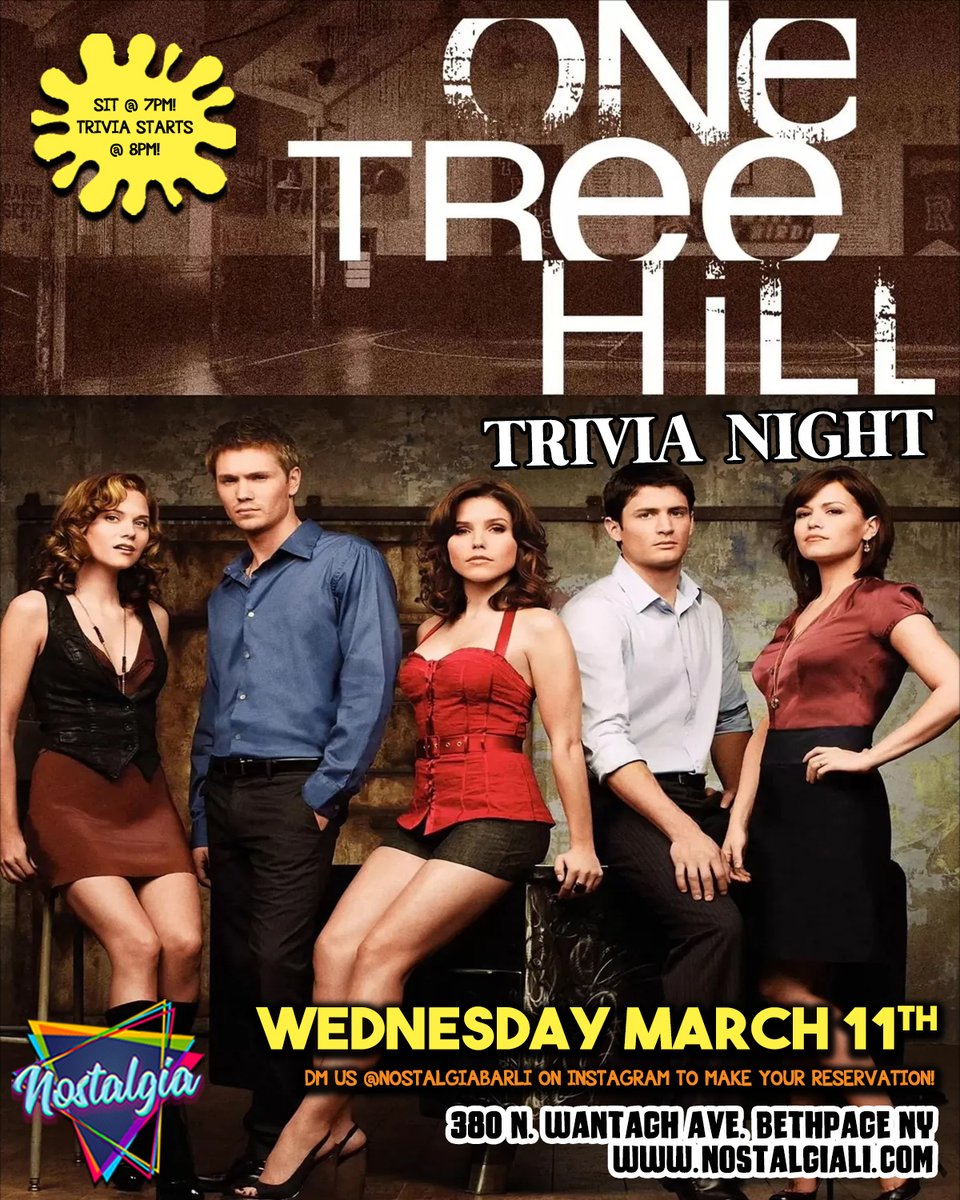 WEDNESDAY, MARCH 11TH!!!
One Tree Hill Trivia Night!
Seating begins 7pm, trivia starts 8pm!
DM us to make a reservation or make yours online here: tinyurl.com/5537x2wx