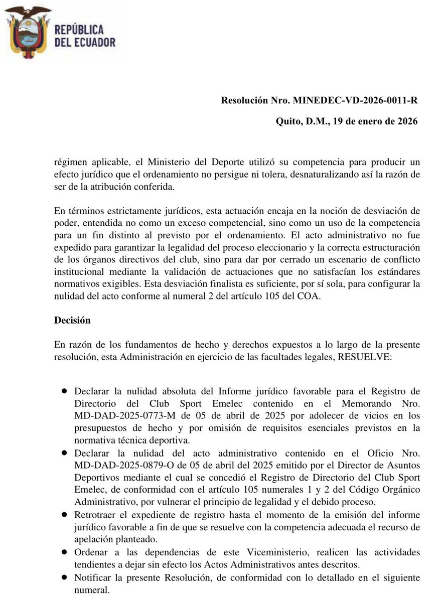 📣En resumen, sobre la “Revisión de oficio” efectuada por <a href="/Educacion_Ec/">Ministerio de Educación, Deporte y Cultura</a> en el caso <a href="/CSEmelec/">Club Sport Emelec</a>⚽️

El Código Orgánico Administrativo COA establece Art. 132 la <posibilidad> de la “auto tutela de la legalidad con fines de corrección de los actos administrativos” ya sea por iniciativa