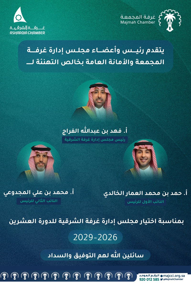يتقدم رئيس مجلس إدارة #غرفة_المجمعة ونائبيه
 والأمانة العامة بالتهنئة لمجلس إدارة #غرفة_الشرقية بمناسبة اختيار أ.فهد بن عبدالله الفراج رئيساً، وأ.حمد بن محمد العمار الخالدي نائباً أول، وأ.محمد بن علي المجدوعي نائباً ثانياً للدورة العشرين (2026- 2029) متمنين لهم السداد والتوفيق في
