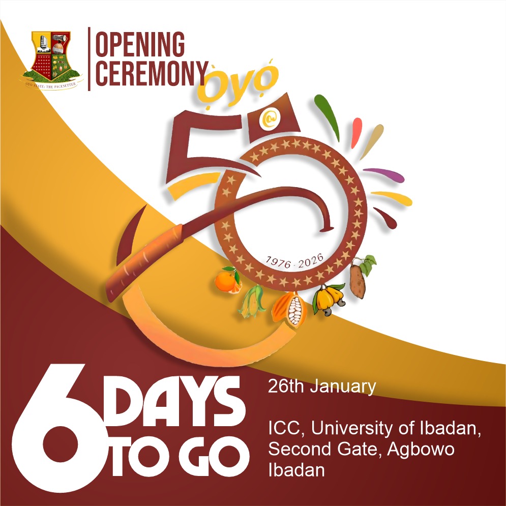 oyo_information's tweet photo. A Golden Jubilee in the Making! 🌟
We are officially 6 days away from the Opening Ceremony of Oyo @ 50. Join us as we celebrate five decades of heritage, progress, and being the "Pacesetter" state.
Be part of history. See you there!
#OyoAt50 #PacesetterState #OyoState https://t.co/IByuCd9EHX