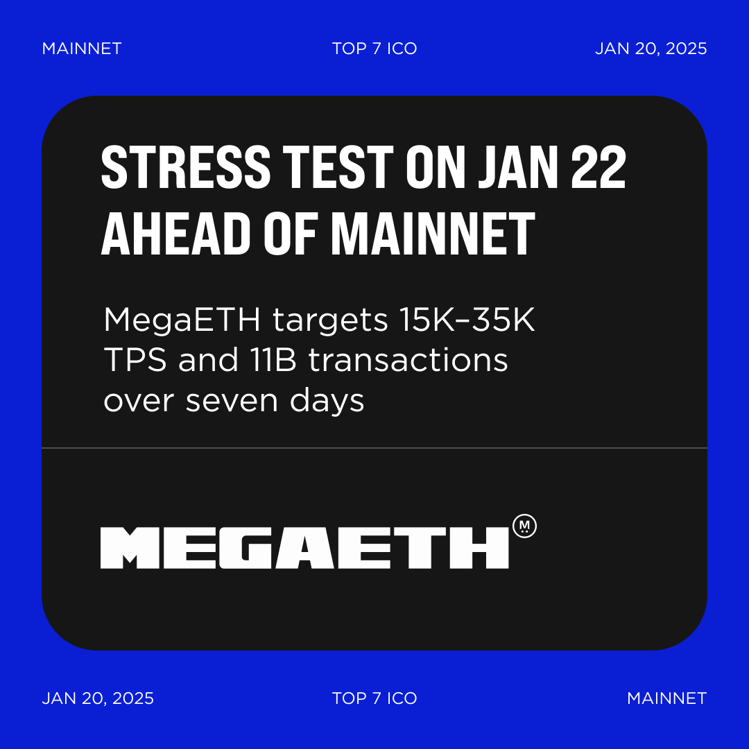 MegaETH will launch Global Stress Test ahead of Mainnet launch @megaeth  will launch Global Stress Test on Jan 22, with the public mainnet set to go  live a couple of days after