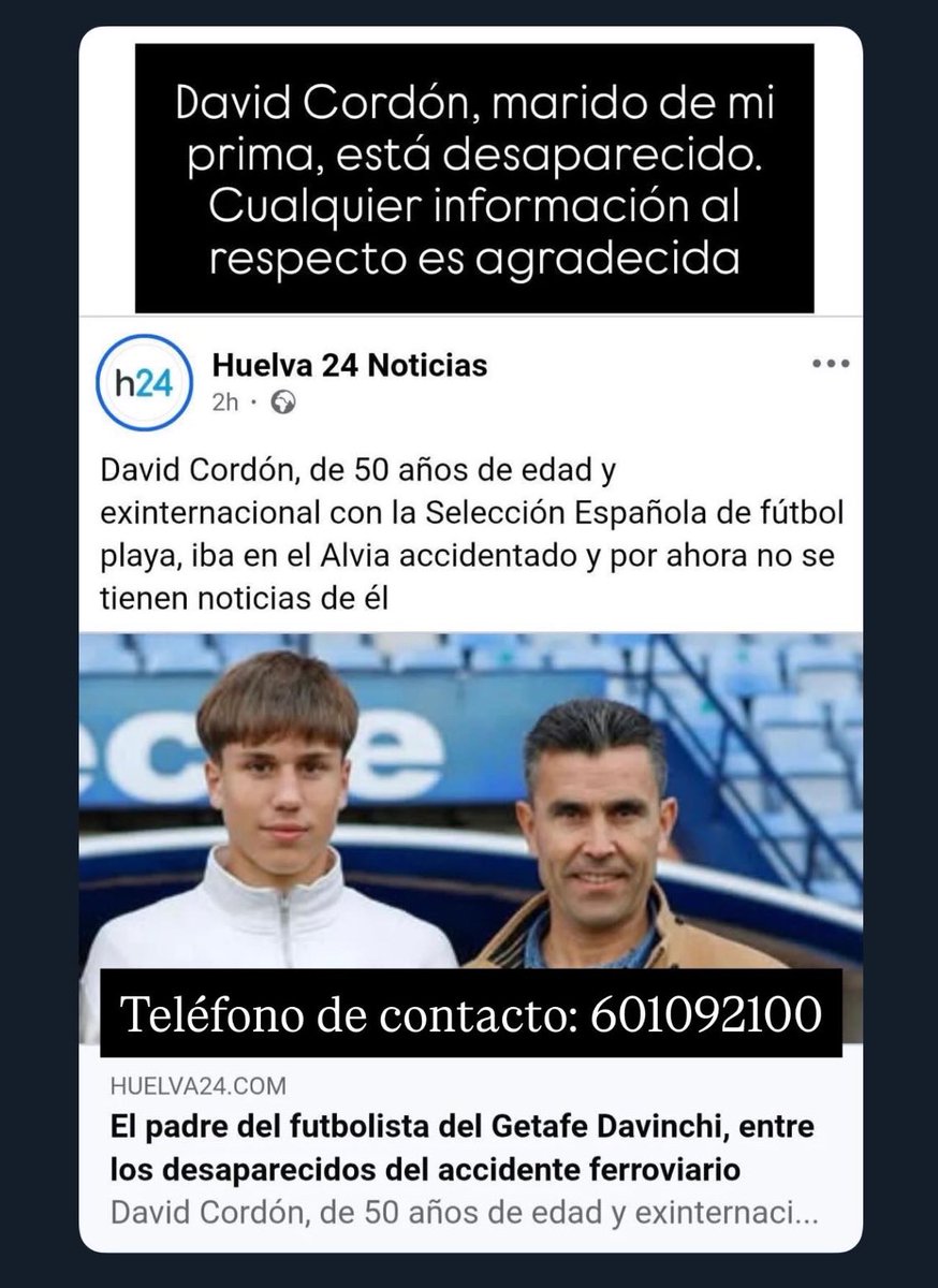 ⚠️ CONTINÚA DESAPARECIDO ⚠️

David Cordón, desaparecido tras el descarrilamiento de trenes en Adamuz

Su familia no tiene noticias de él desde el domingo