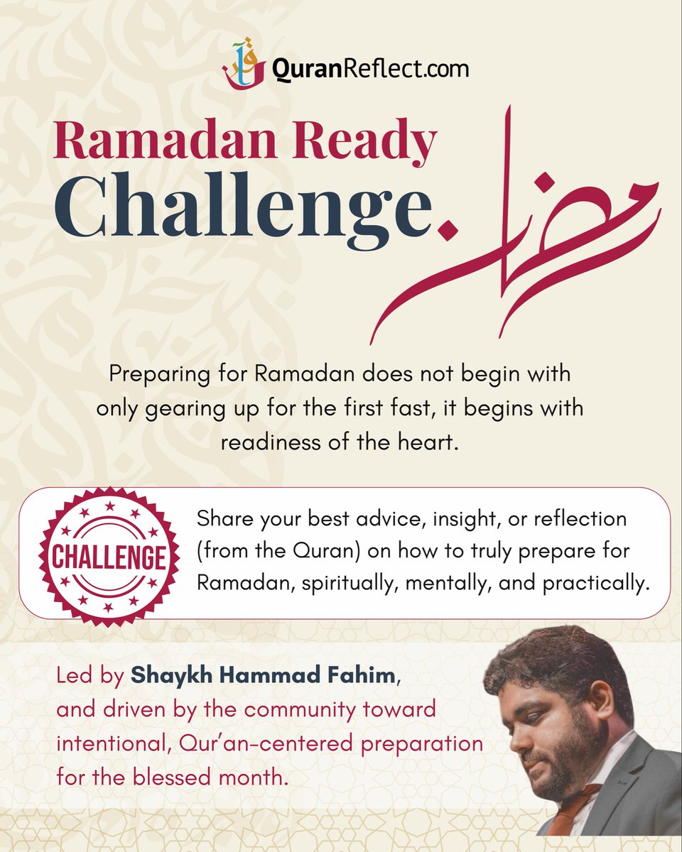 Quran_Reflect's tweet photo. ๐ Ramadan Ready Challenge:
โจโ
Post your Reflection on https://t.co/INxPitS9Gg and use hashtag: #RamadanReady
๐ค The most impactful reflections will be featured and shared during the Reflection Retreat Live Podcast on: February 14th 2026, in shaโAllah. https://t.co/twOV2GzrOP
