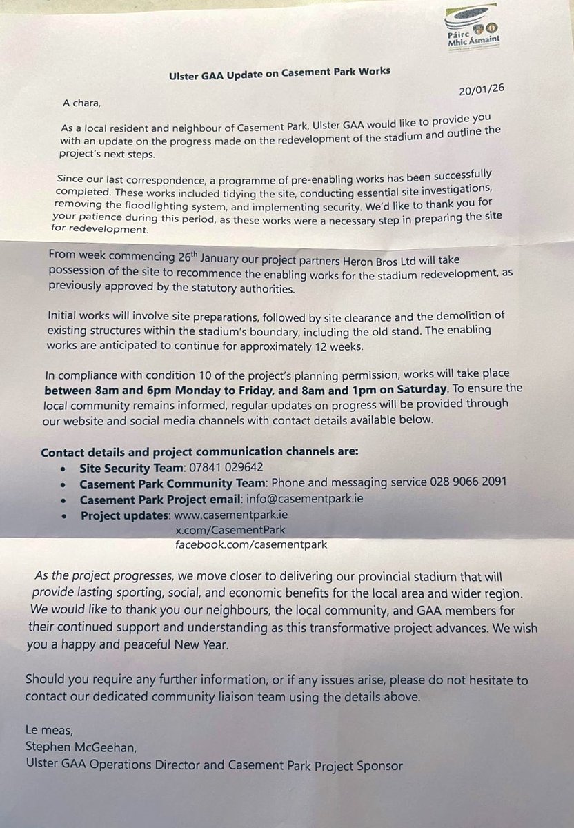 Work commencing on @CasementPark within the next few days. Great news to  receive today from @mcgeehanstephen #BuildCasement
