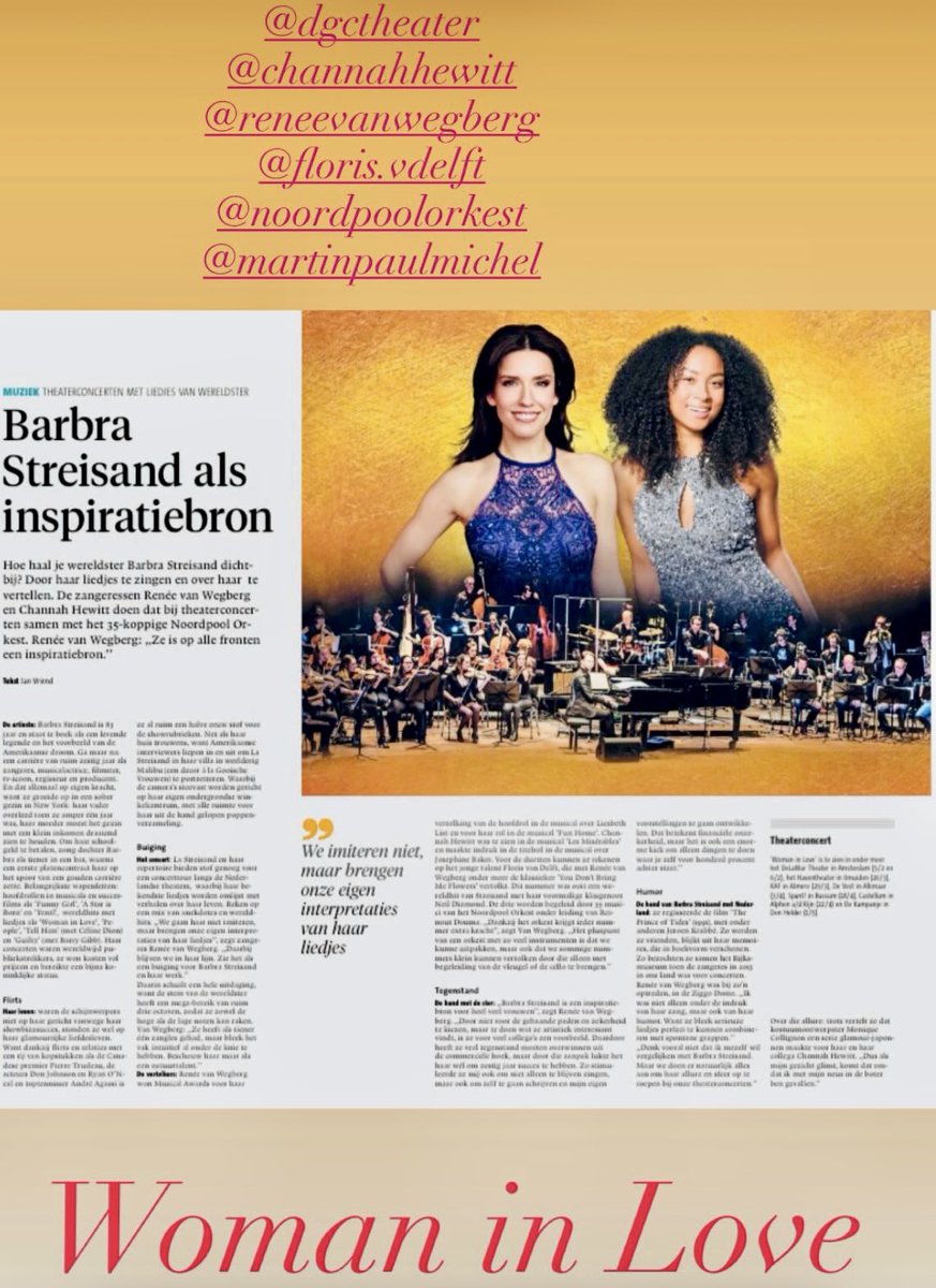 Toen Hans Cornelissen van <a href="/DGCtheater/">DG&C Entertainment</a> mij vroeg of ik de outfits voor deze twee prachtige, talentvolle dames wilde ontwerpen, maakte mijn hart een sprongetje. Het wordt een waanzinnige theatervoorstelling met groot orkest. Woman in Love. Ga dat zien! Vanaf 5 februari.