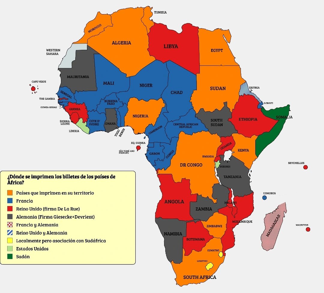 Investigando y recopilando datos he sacado este mapa.

De los 54 PAÍSES de África, SÓLO 10 son capaces de imprimir sus billetes y acuñar su moneda.

Occidente sigue DOMINANDO África mediante la moneda.

Ojo. 16 países fabrican aún su moneda en Francia y 14 en Reino Unido.

O lo
