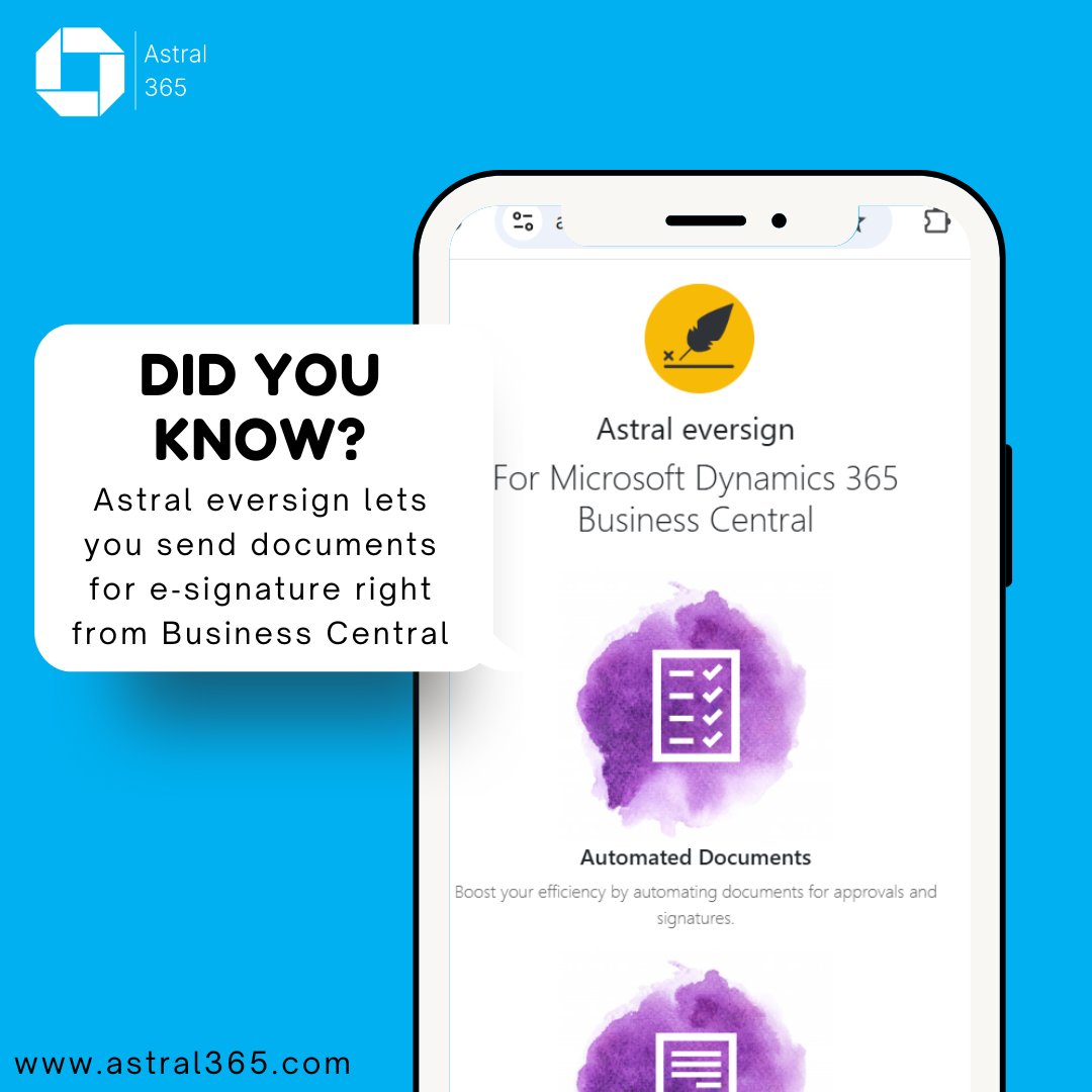 Astral_365's tweet photo. ✨ Fun Fact: Astral Eversign lets you send documents for e‑signature right from Business Central, so approvals get signed faster &amp; your workflow never slows down. No printing, no scanning, just click, send, done.

#D365BC #AppSource #BusinessCentralExtension #eversign #xodo https://t.co/X5rrT7FMvg