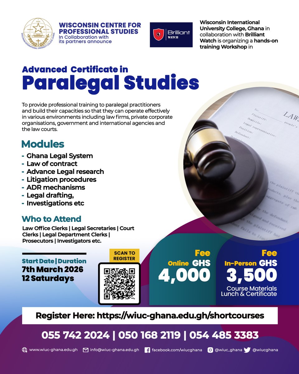 Advance your legal career with our Advanced Certificate in Paralegal Studies.
Gain hands-on, practical skills in legal research, litigation, drafting, and ADR.

Starts: 7th March 2026 | 12 Saturdays
Register now: wiuc-ghana.edu.gh/shortcourses

#wiucghana #paralegal #law