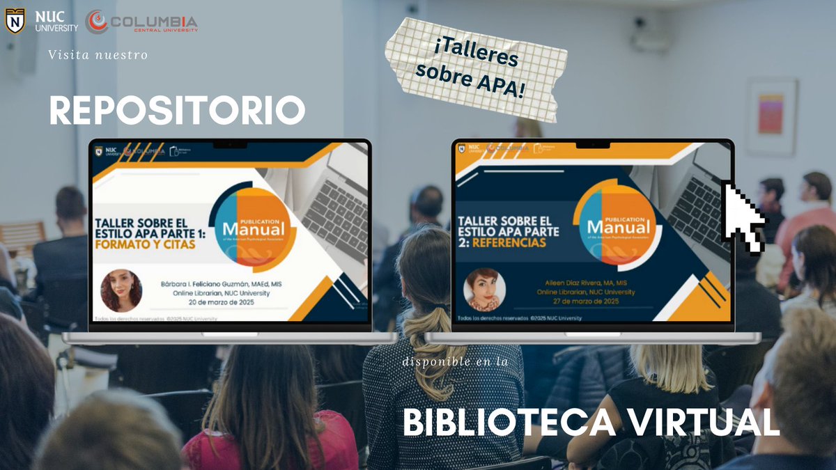 nucbibvirtual's tweet photo. ¿Necesitas aprender más sobre citas y referencias según APA? ¡Repasa con estos talleres grabados y disponibles en el repositorio de la Biblioteca Virtual! #BibVirtual https://t.co/XHHTHKaWHi
