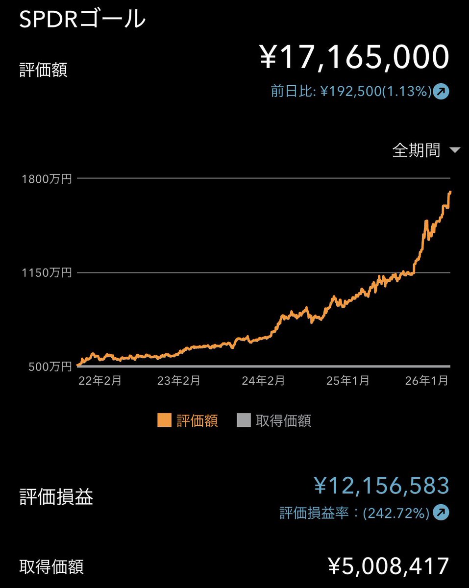 金（ゴールド）が更に上昇して+1,200万円に。12月に+1,100万円から1ヶ月経たず更に+100万円。今年も金（ゴールド）の年になるかもですね。