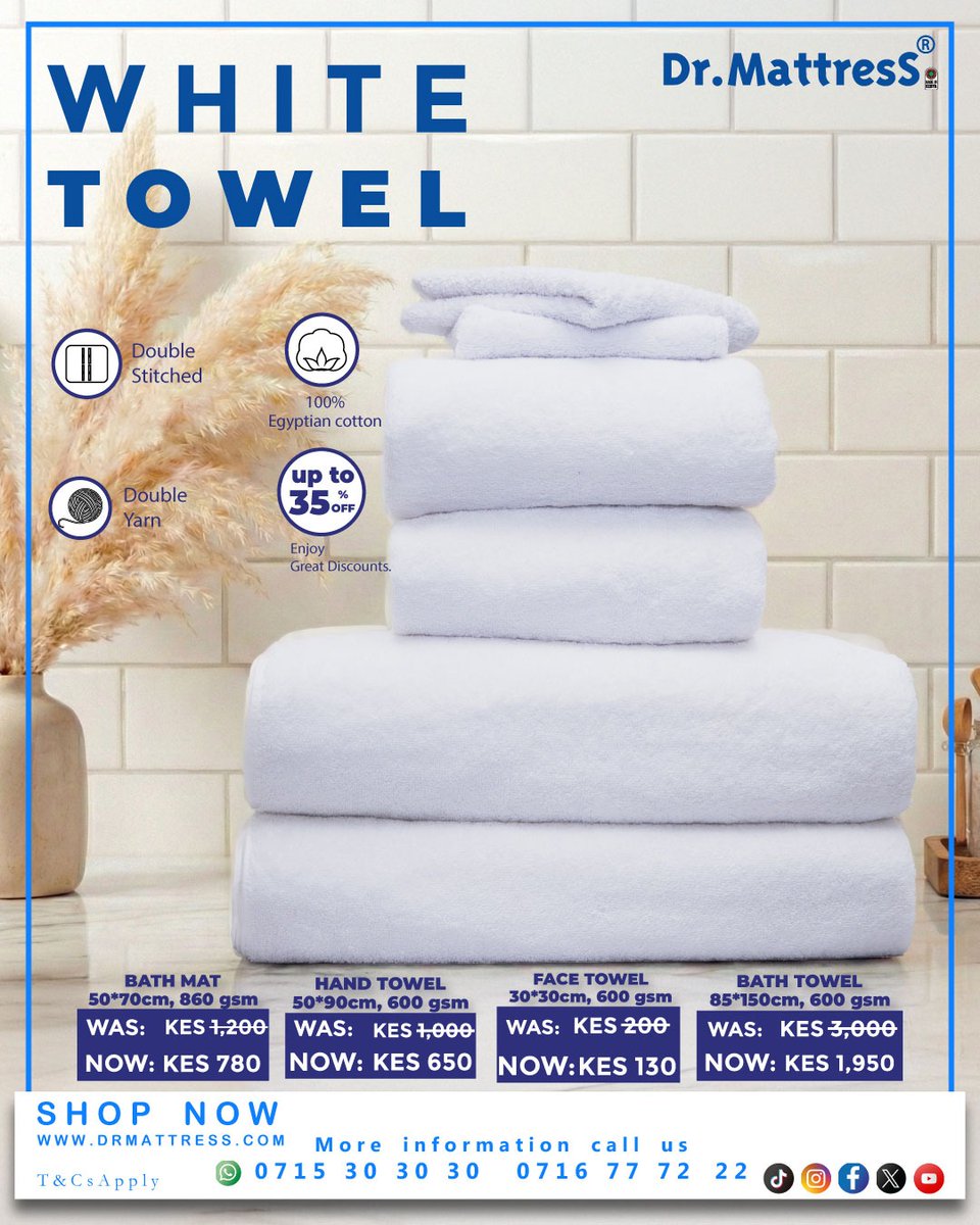 dr_mattress's tweet image. Soft, absorbent towels made for everyday comfort.

📍Our Locations Countrywide: bit.ly/42uKxPo

☎For Enquiries: +254 715 30 30 30

🌐 Shop Now: drmattress.com

#DrMattress #HomeEssentials #LuxuryTowels #BathroomInspo #EgyptianCotton #ShopNow #Nairobi #Mombasa