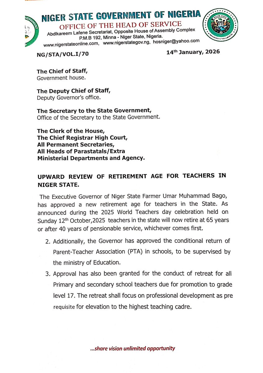 AsussNiger's tweet photo. Niger State Gazette the implementation of 65/40 years new teachers retirement age. https://t.co/Aw2z3yYTcP