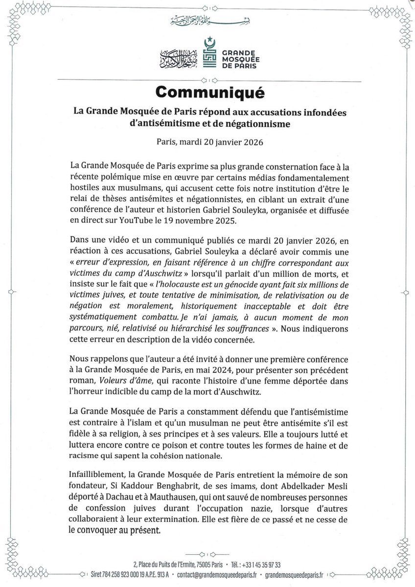 mosqueedeparis's tweet image. 𝐂𝐨𝐦𝐦𝐮𝐧𝐢𝐪𝐮𝐞́ | La Grande Mosquée de Paris exprime sa plus grande consternation face à la récente polémique mise en œuvre par certains médias fondamentalement hostiles aux musulmans, qui accusent cette fois notre institution d’être le relai de thèses antisémites et…