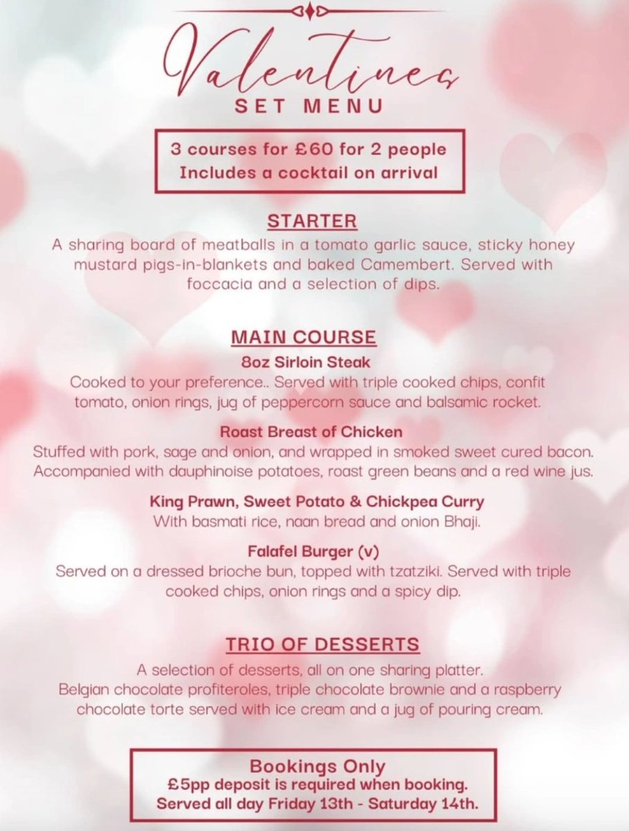 Join us this #Valentines to celebrate with your loved ones 💕

We have a 3 course set menu for £60 for 2 people. Friday 13 and Saturday 14 February ❤️

Bookings only for this menu and a £5pp deposit is required upon booking.

Call us on 0114 2864733 to reserve your tables.