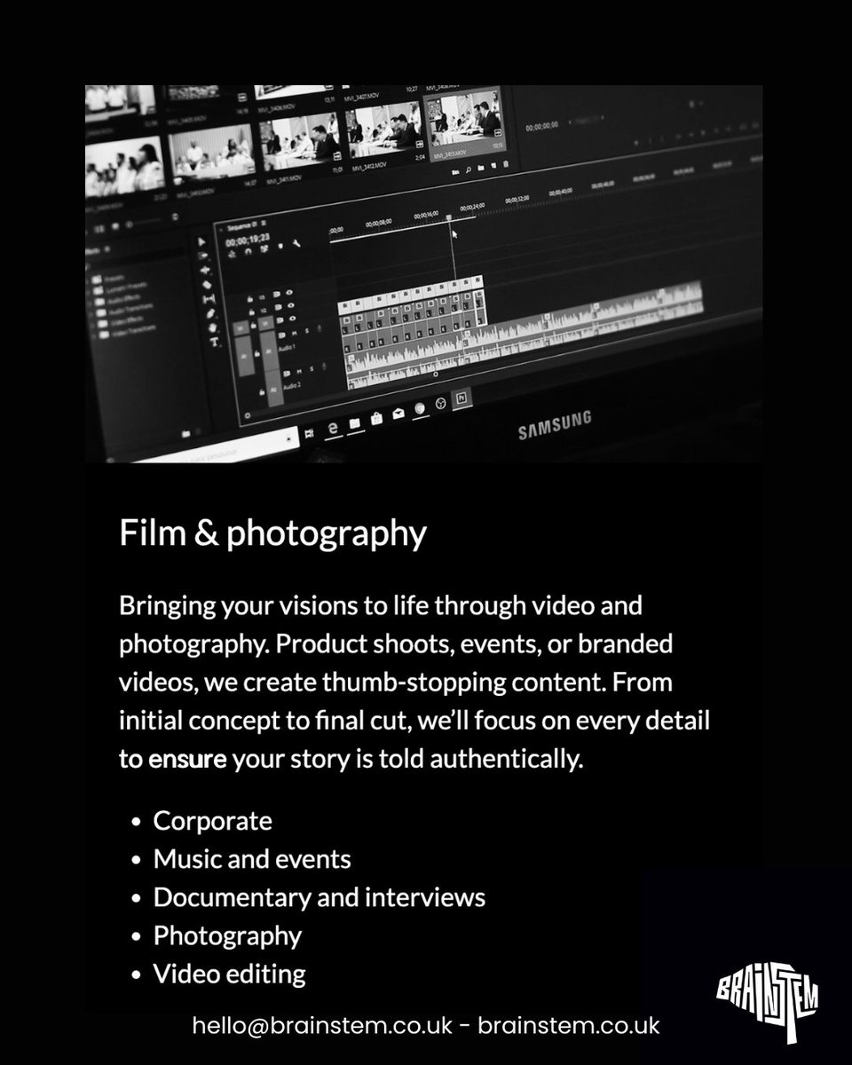 BrainstemDigita's tweet photo. 🎥📸 Bring Your Vision to Life with Our Film &amp; Photography Services

From bold brand stories to unforgettable events, we create thumb stopping video and photography that connects with your audience and gets results.

🧠 - https://t.co/B0FXEbuQRr https://t.co/Z3KqyfEu0f