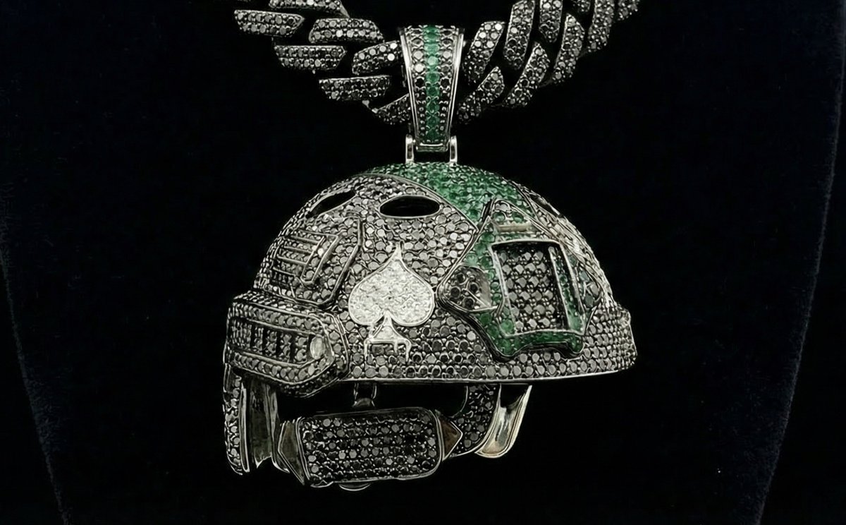OTG Prankster Helmet Diamond Pendant 
-'Black gold', black diamonds, emeralds
