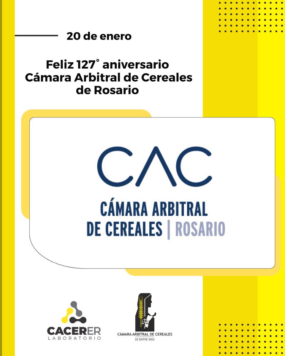 ✅  En un nuevo aniversario, desde la Cámara Arbitral de Cereales de Entre Ríos hacemos extensivo nuestro saludo a la <a href="/CamArbitralRos/">Cámara Arbitral de Cereales de Rosario</a>