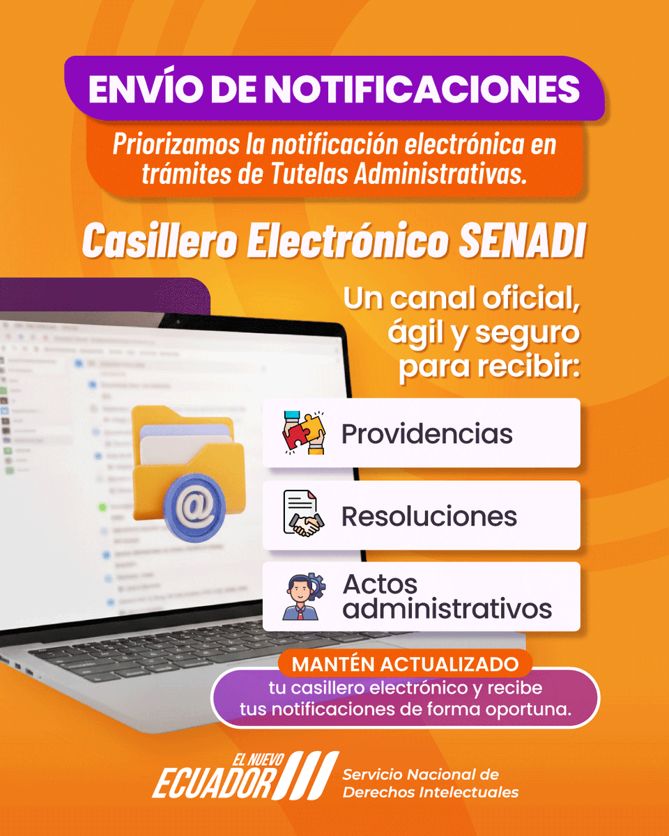 💻 Para trámites de Tutelas Administrativas, priorizamos la notificación electrónica.

✅Casillero Electrónico SENADI para recibir de forma segura:
✔️ Providencias
✔️ Resoluciones
✔️ Actos administrativos

🔔 Mantén tu casillero actualizado.