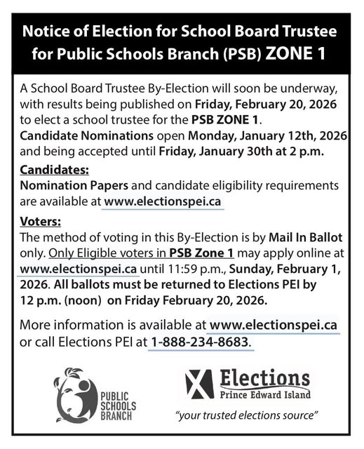 ElectionsPEI's tweet photo. Public Schools Branch Zone 1 By-Election is underway.
Candidates can obtain their Nomination Papers on-line at https://t.co/e20bqCYHWW &amp; submit them until Fri, Jan 30th at 2 p.m.
Voters in Zone 1 may apply for their Mail In Ballot up to Sun, Feb 1st at 11:59pm https://t.co/mz93tUTaRl