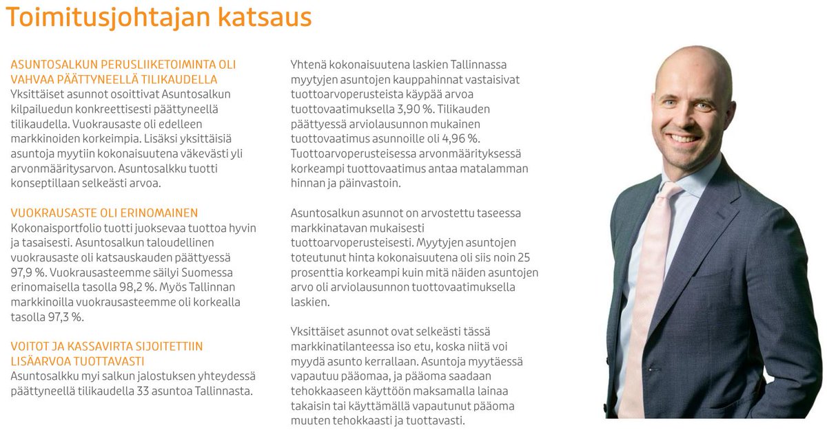 EloHenri's tweet photo. Asuntosijoitusyhtiö #Asuntosalkku julkaisi vuosikertomuksen 11.12.2025. Tilikausi päättyi 30.9.2025. Tänään 20.1.2026 yhtiö piti yhtiökokouksen ja päätti 1,04 e/osake osingosta (irtoamispäivä 21.1.).

Yhtiö omisti tilikauden päättyessä Suomessa 1 413 valmista asuntoa, arvoltaan 161 milj. e, ja Tallinnassa 660 valmista asuntoa, arvoltaan 103 milj. e. 

Toisin sanoen Suomen asuntojen velaton keskihinta oli 114 tuhatta euroa ja Tallinnan 156 tuhatta euroa. Tallinnassa asunnot ovat keskusta-alueen premium-sijainneissa, painotus kaksioissa. Suomen asunnot ovat edullisen segmentin asuntoja hyvien julkisten yhteyksien varrella, painotus pk-seudun yksiöissä.

Yhtiön taloudellinen vuokrausaste nousi tilikaudella 97,4 %:sta 97,9 %:iin.

Tj. Jaakko Sinnemaa @JSinnemaa kommentoi: "Nyt Asuntosalkun kokonaisuus on vielä entisestä selkeämpi ja ennakoitavampi, kun yhtään asuntoa ei ole rakenteilla. Tämä osaltaan antaa uusia mahdollisuuksia jatkoon."

Tilikauden realisoitunut voitto kasvoi 0,4:stä 2,2 milj. euroon.

Yhtiö myi Tallinnasta 33 asuntoa. Myytyjen asuntojen hinta kokonaisuutena oli noin 25 prosenttia korkeampi kuin niiden arviolausunnon mukainen tase-arvo, ja tähän perustui 2,2 miljoonan euron luovutusvoitot.

Vuosikertomus (kuvaleike): https://t.co/yba4l1Hp4C

Toimintakertomus ja tilinpäätös: https://t.co/T0GG96ZwsL

Viimeisin analyysimme 11/2025 @SalkunRakentaja : https://t.co/z0DDHScAQB
