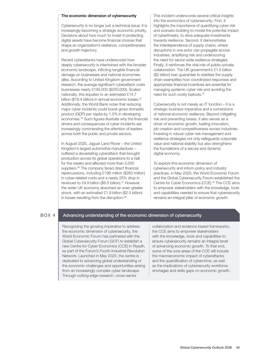 Cyber_Economics's tweet photo. As highlighted in @wef's Global Cybersecurity Outlook 2026, cybersecurity is critical to the well-being of the global economy. 

The Centre for Cyber Economics (CCE) marks a key milestone for @wef and @gcfriyadh in advancing evidence-based insights to unlock cybersecurity's full value for nations and organizations alike.

Read the full report now: https://t.co/Eq77cn1spy

#WEF26 #cybersecurity26