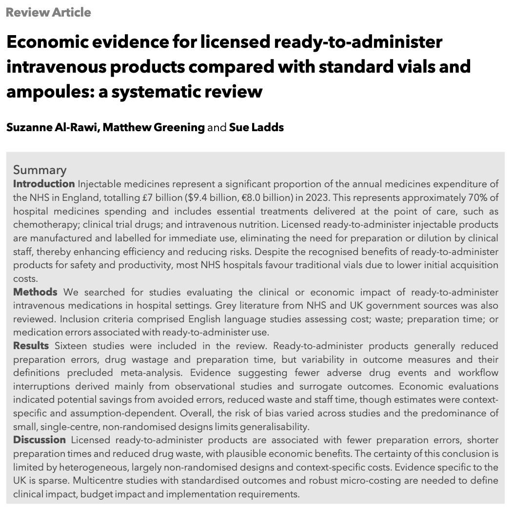 Licensed ready-to-administer injectable products eliminate the need for preparation or dilution.

They are associated with fewer preparation errors, shorter preparation times and reduced drug waste, with plausible economic benefits.

#anaesthesia #MedTwitter