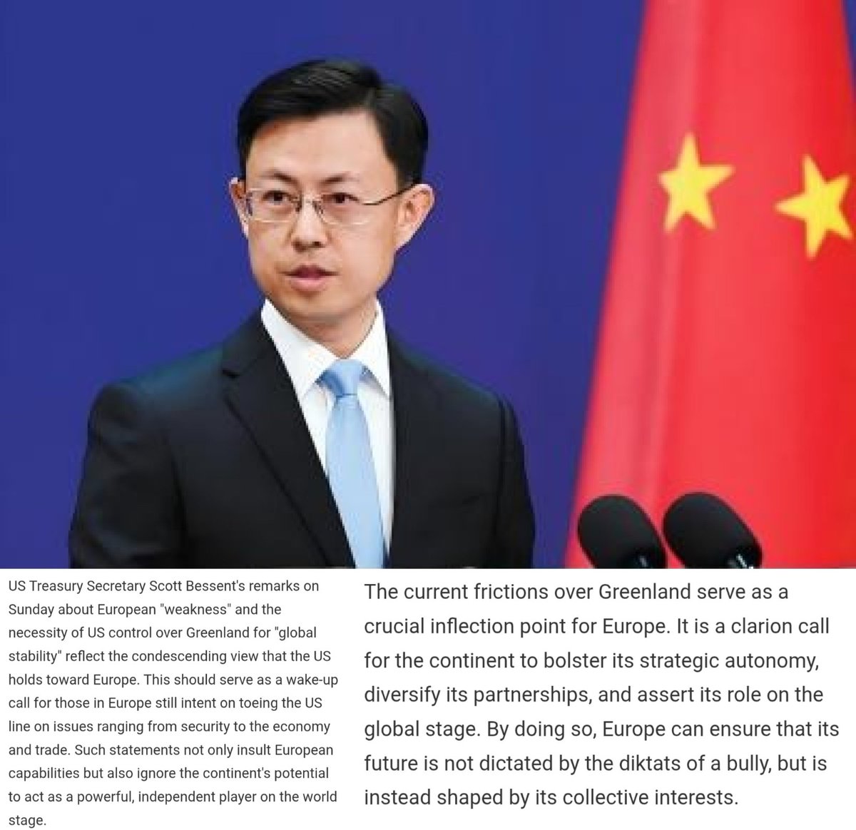 eeldenden's tweet image. China calls on Europe to bolster its strategic autonomy. The Americans "not only insult European capabilities but also ignore the continent's potential to act as a powerful, independent player on the world stage."