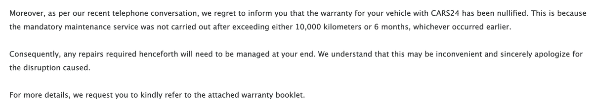 ShamnasG's tweet photo. Wow look at this SCAM!!! @cars24india @jagograhakjago @Cars24Support

Paid 26,000 for warranty for a year but nullified for no reason in 7 months. On what illogical basis are you cancelling my warranty without any refund. If this isn't daylight robbery then what is? Shameful https://t.co/RBAckaBI26