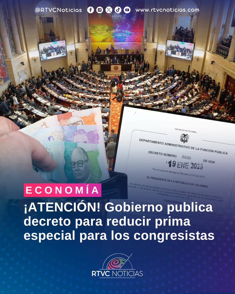 RTVCnoticias's tweet image. 🇨🇴🚨#Colombia | ¡ATENCIÓN! El Gobierno expidió un decreto para reducir la prima de servicios de los congresistas, un beneficio que hoy alcanza cerca de $16 millones.

En primicia #RTVC conoció que el Departamento Administrativo de la Función Pública, mediante el Decreto 0030 de…