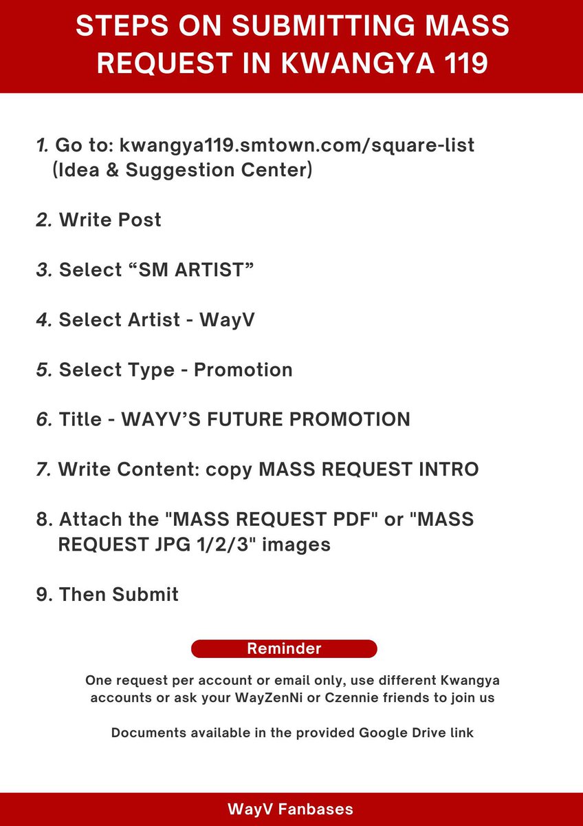 📢KWANGYA 119 MASS REQUEST

👉 Go to: kwangya119.smtown.com/square-list
👉 Login with your account and follow steps on the photo 

Submit EN, KR, or JP version 
drive.google.com/drive/folders/…

<a href="/SMTOWNGLOBAL/">SMTOWN</a>
<a href="/WayV_official/">WayV</a>
<a href="/NCTsmtown/">NCT</a>

#SMTreatWayVBetter
#에스엠WayV활동보장해 
#请合理规划艺人发展