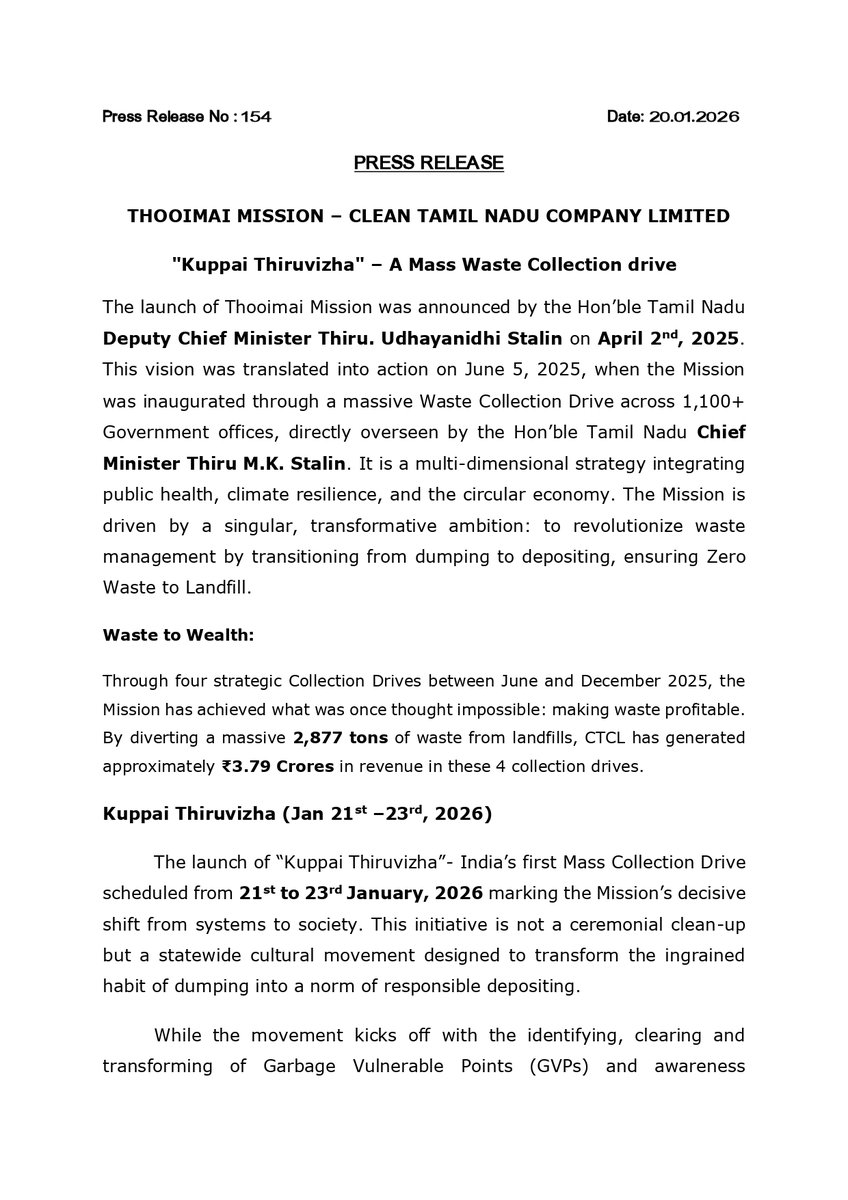 TNDIPRNEWS's tweet photo. PRESS RELEASE - THOOIMAI MISSION – CLEAN TAMIL NADU COMPANY LIMITED
"Kuppai Thiruvizha" – A Mass Waste Collection drive

#CMMKSTALIN | #DyCMUdhay | #TNDIPR |
@CMOTamilnadu @mkstalin
@mp_saminathan https://t.co/0nJWzAFNsk