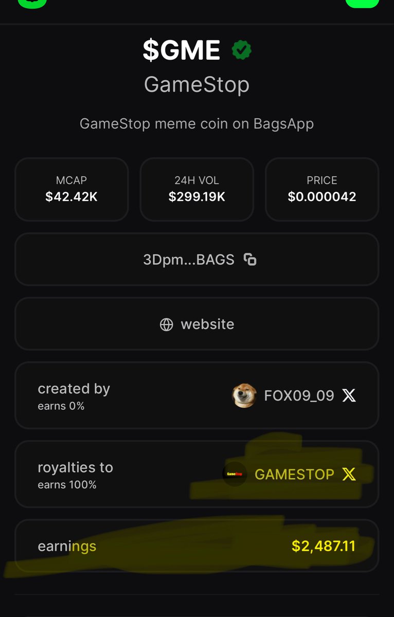 Hi there @gamestop & @ryancohen. In just one night the royalties from the $ GME meme coin on @BagsApp has reached around $2,500. This money is solely  yours and can only be accessed/claimed