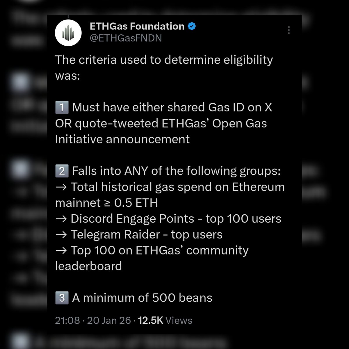 To be eligible you need to fulfill ALL of the 3 criterias on  @ETHGasOfficial: ➣ Shared either Gas ID on X or QT-ed ETH Gas announcement  ➣ Anyone OF: Burn >0.5 ETH,