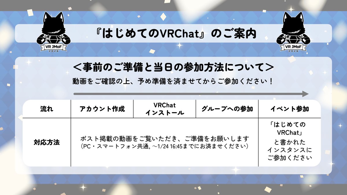 「はじめてのVRChat」の参加方法をご案内します。事前の準備がありますのでご注意ください！

【案内動画】
youtube.com/watch?v=XD_4_4…
【VR JMoFグループ】
vrc.group/VRJMOF.0036

#VRJMoF #VRJ_アフターパーティ