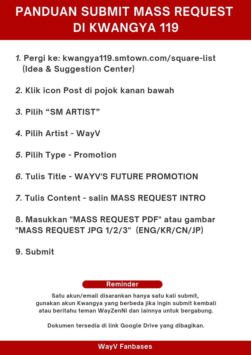 📢 KWANGYA 119 MASS REQUEST

👉 Klik kwangya119.smtown.com/square-list
👉 Login dengan akun kalian lalu ikuti langkah di gambar

Submit dengan versi EN/KR/JP
drive.google.com/drive/folders/…

<a href="/SMTOWNGLOBAL/">SMTOWN</a>
<a href="/WayV_official/">WayV</a>
<a href="/NCTsmtown/">NCT</a>

#SMTreatWayVBetter
#에스엠WayV활동보장해 
#请合理规划艺人发展