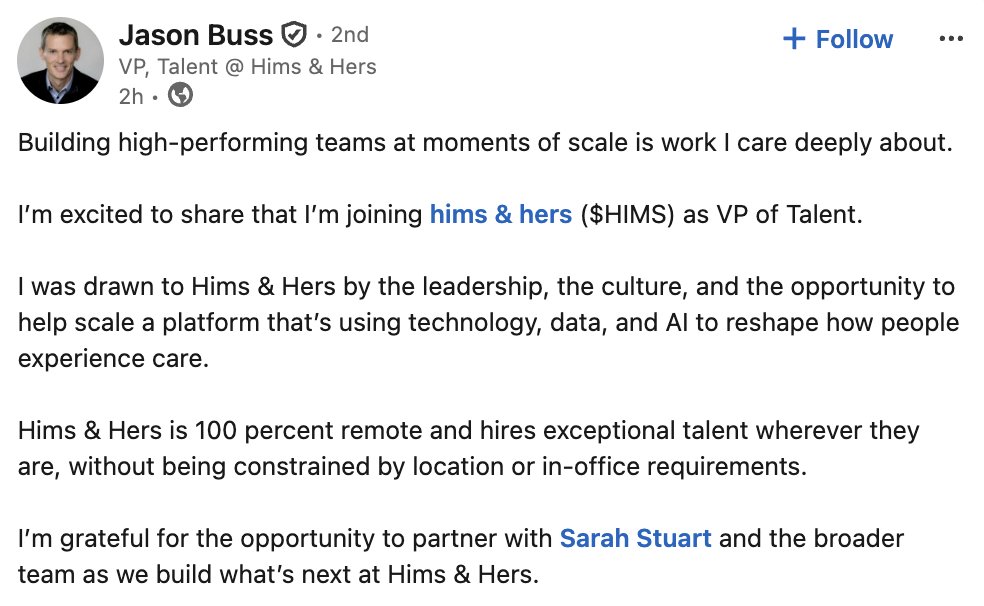 himshouse's tweet image. 🚨 BREAKING: $HIMS HIRES JASON BUSS AS VP OF TALENT

- Previously, VP of Talent Acquisition at Roblox (5.5 yrs), MongoDB (4 yrs), NewRelic, TriNet, Ameriprise Financial, and more
