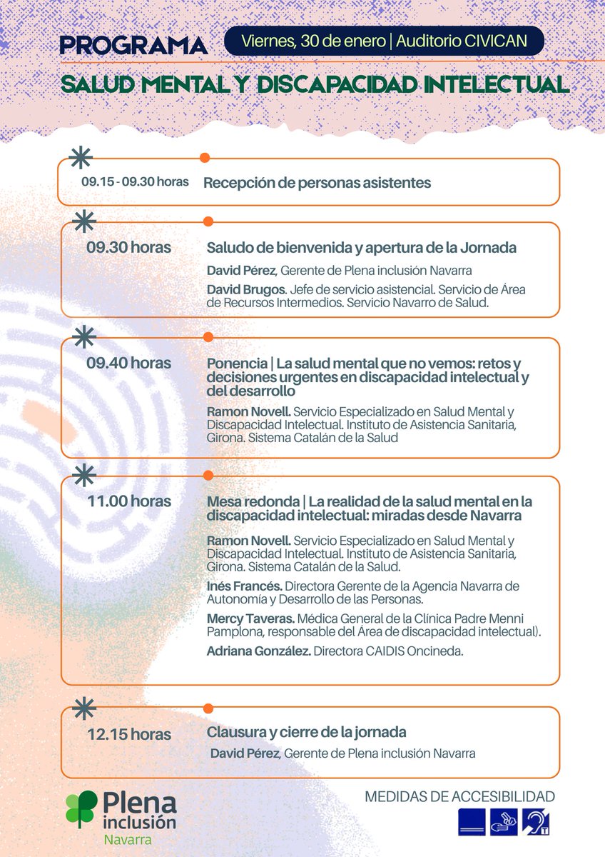 📌 Jornada Salud Mental y Discapacidad Intelectual
Una jornada para reflexionar sobre los retos y la coordinación en la atención a la salud mental de las personas con discapacidad intelectual.
🗓 Vie. 30 de enero | 9:30 h
📍 Civican
👩‍💻 Inscripción abierta: plenainclusionnavarra.org/agenda/archivo…